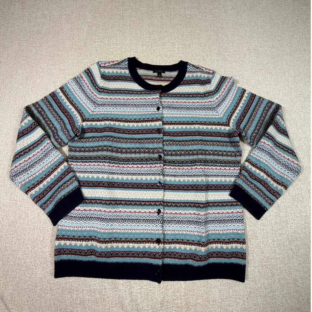 Talbots Women Large Blue Fair Isle Lambswool Blend Layering Cardigan Sweater